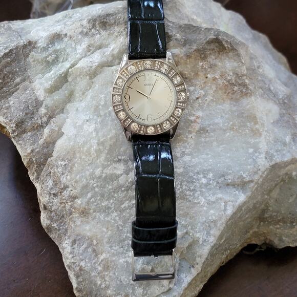 Vintage GUESS Crystal Bezel Watch Black Leather Strap Silver Dial Glam Chic Lux main image 6
